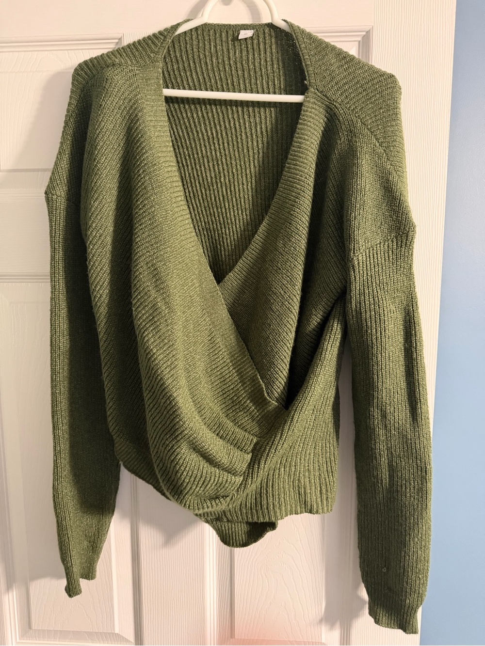 Women's Olive Green Ribbed V-Neck Wrap Sweater
